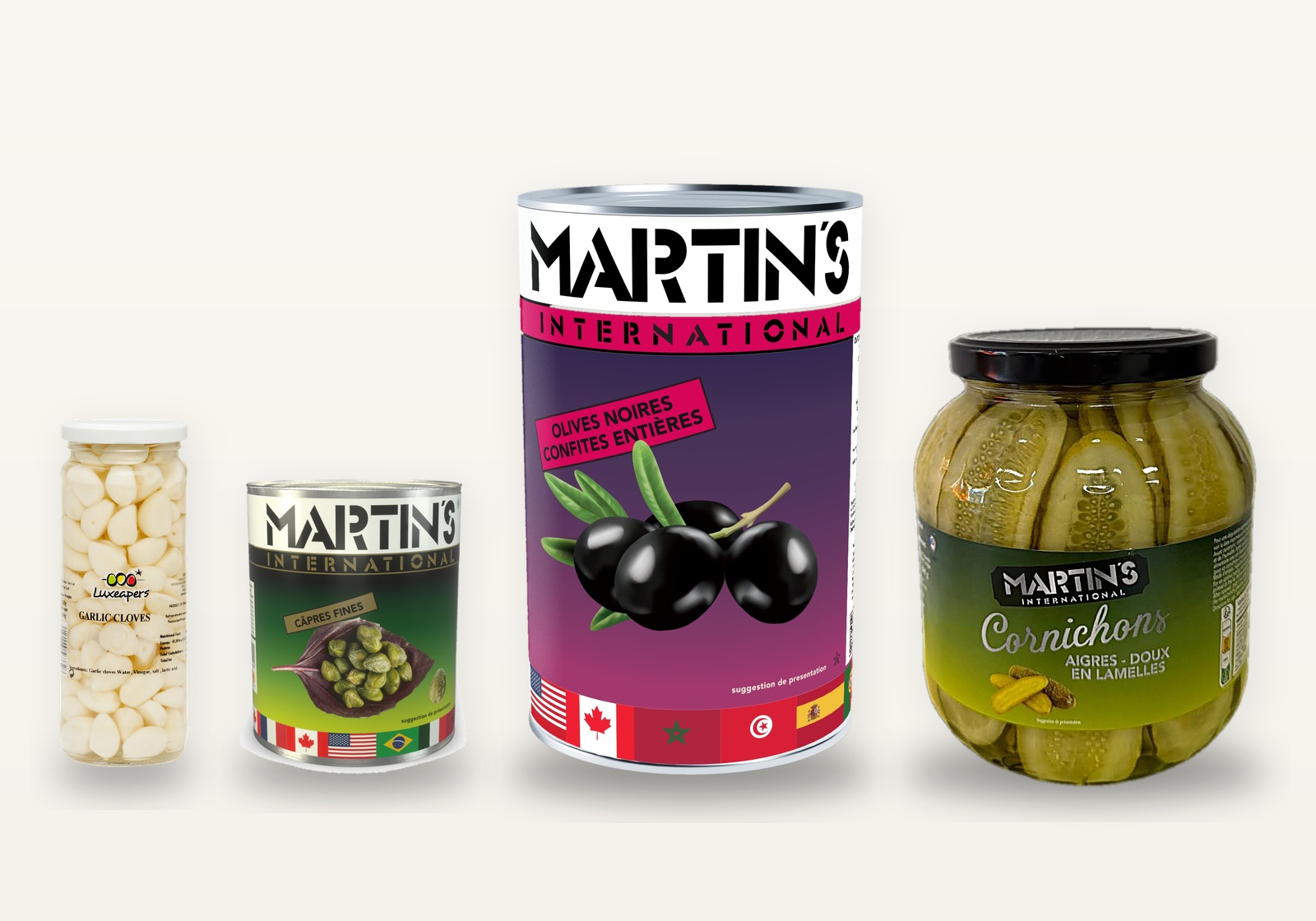 Condiments : ail Luxeapers, câpres fines Martin's, olives noires confites, cornichons aigres-doux