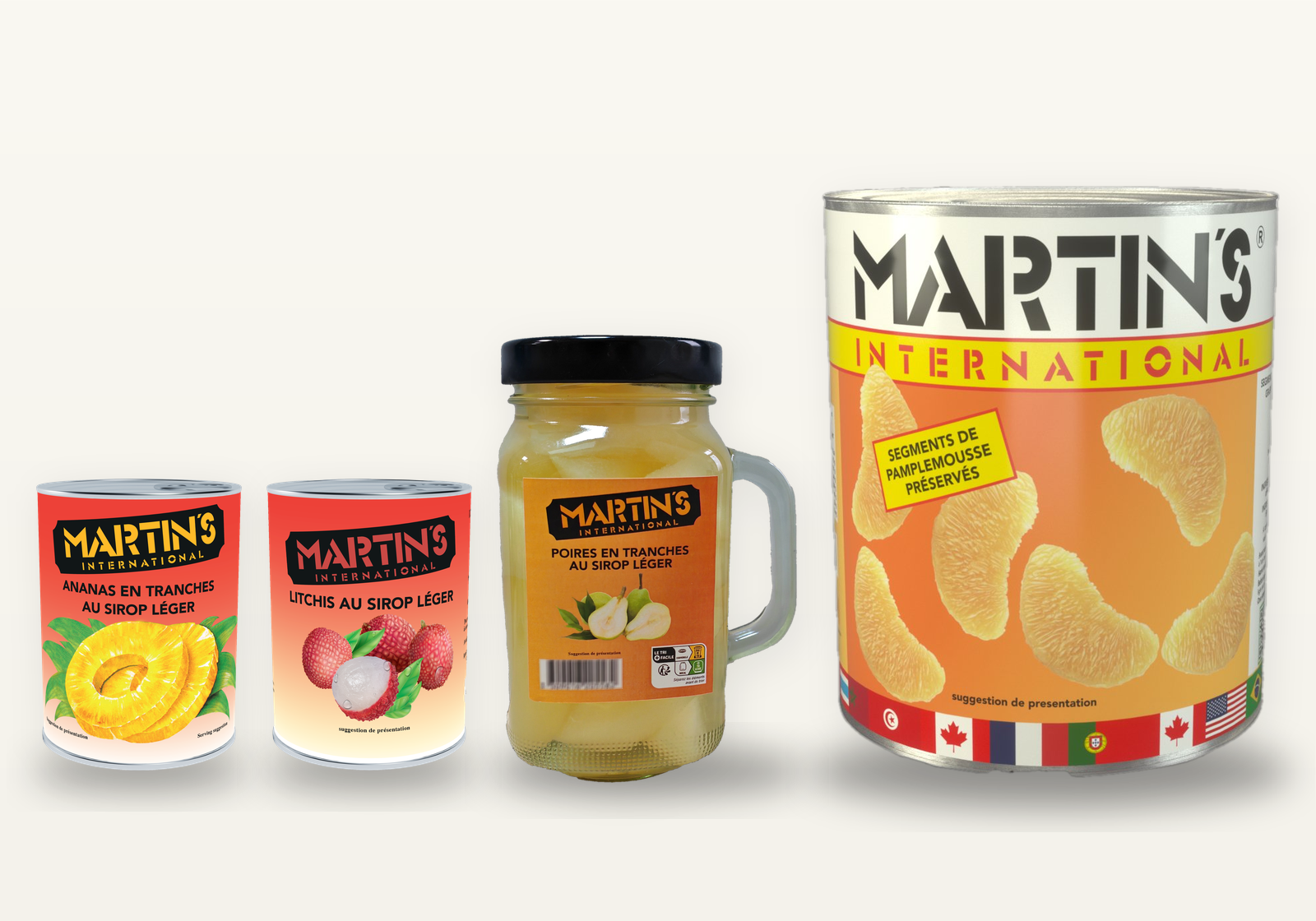 Conserves de fruits Martin's : ananas, litchis, poires au sirop, segments de pamplemousse
