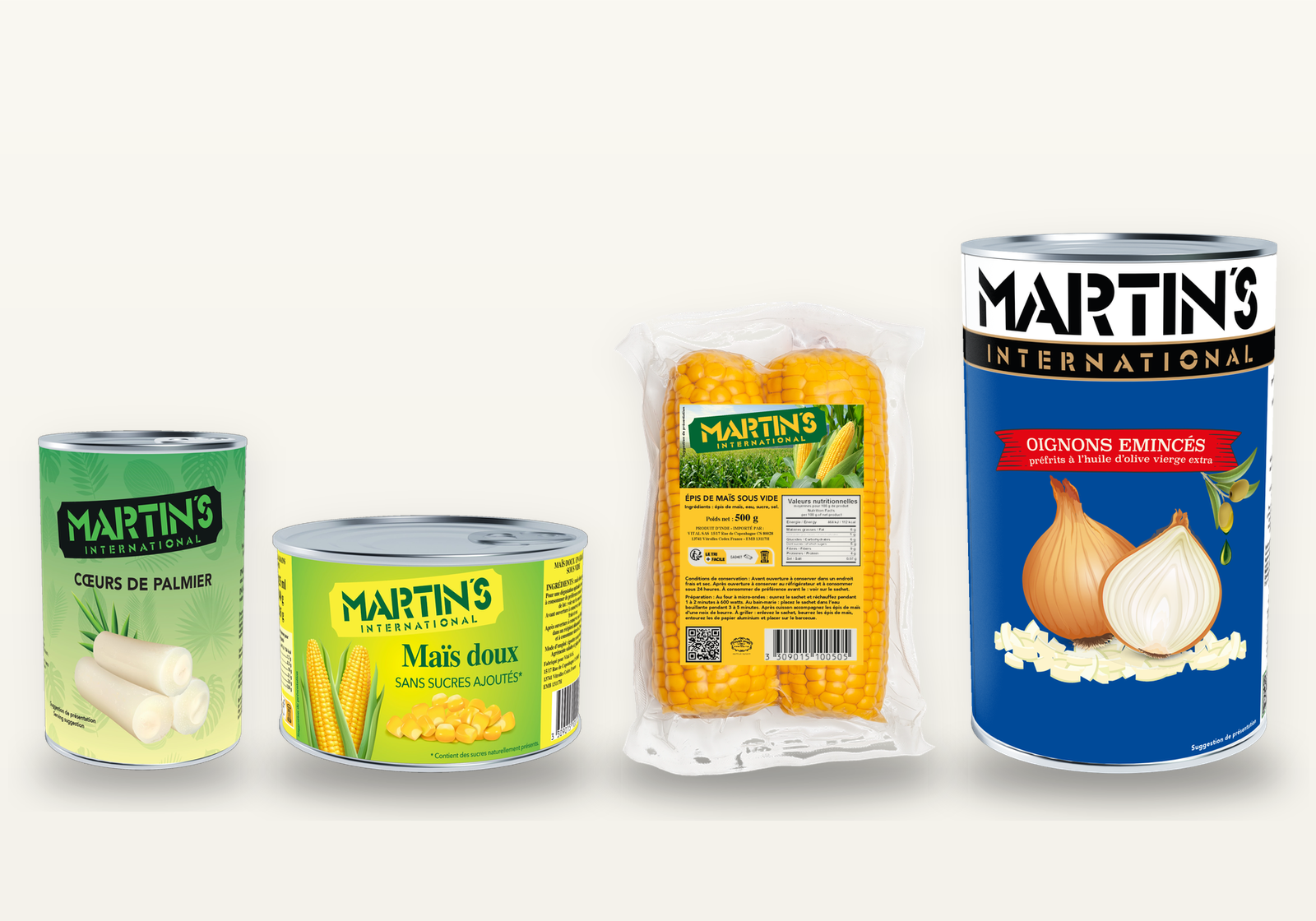 Conserves de légumes Martin's : cœurs de palmier, maïs doux, épis de maïs, oignons émincés