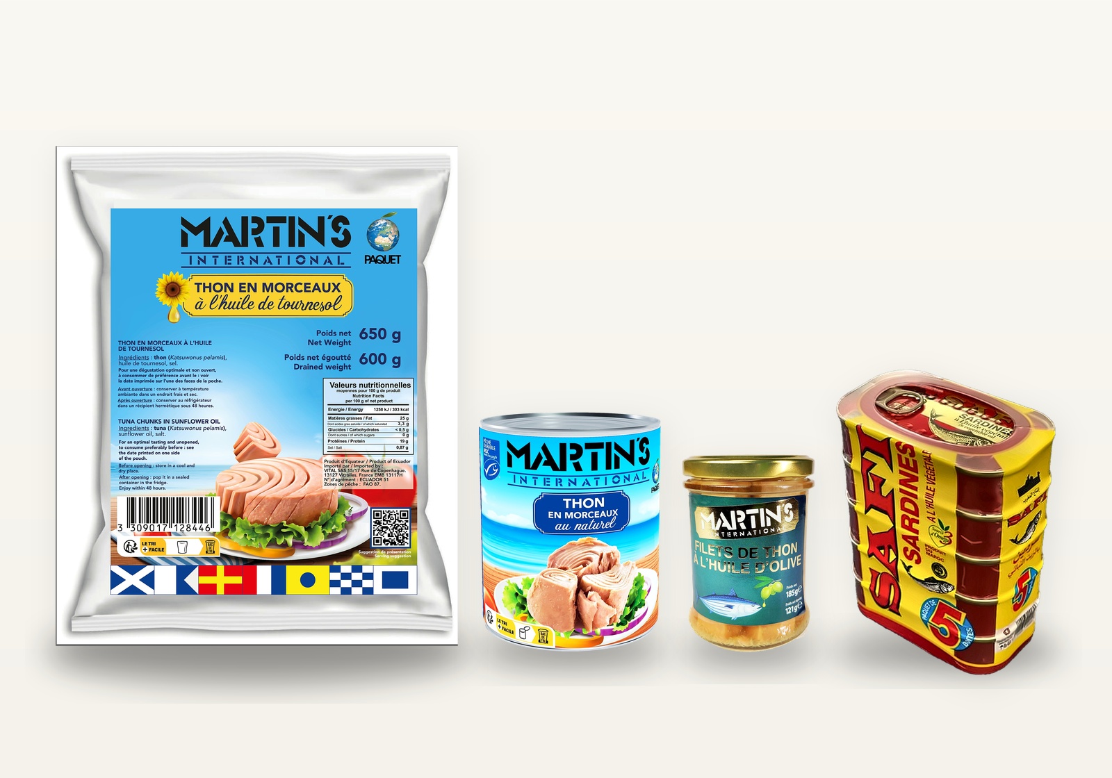 Produits de la mer : thon Martin's en pochon et boîte, filets de thon à l'huile d'olive, sardines Safi