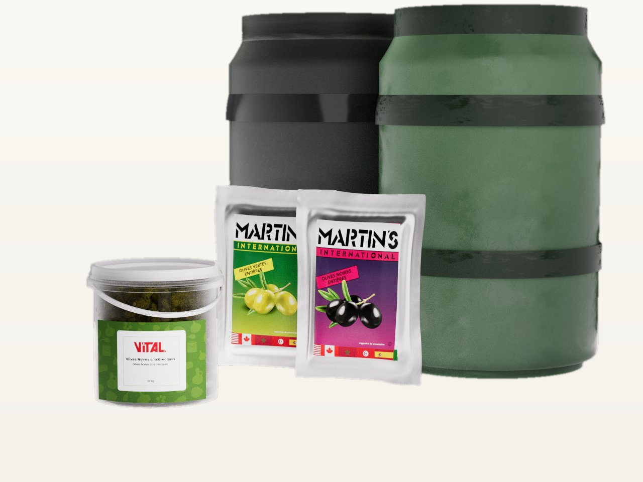 Produits en vrac : fûts d'olives, pochons Martin's olives vertes et noires, seau Vital olives à la grecque